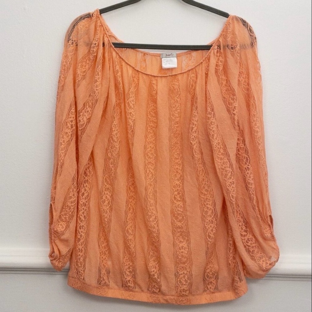 Poof! Coral Lace Long Sleeve Top | Size L | Semi-Sheer Boho Layering Piece